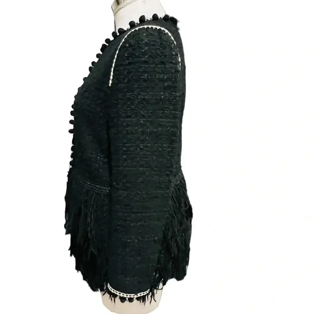 Zara Tweed Fringe Pom Pom Tassels Lined Boucle Jacket Blazer Black Size XS